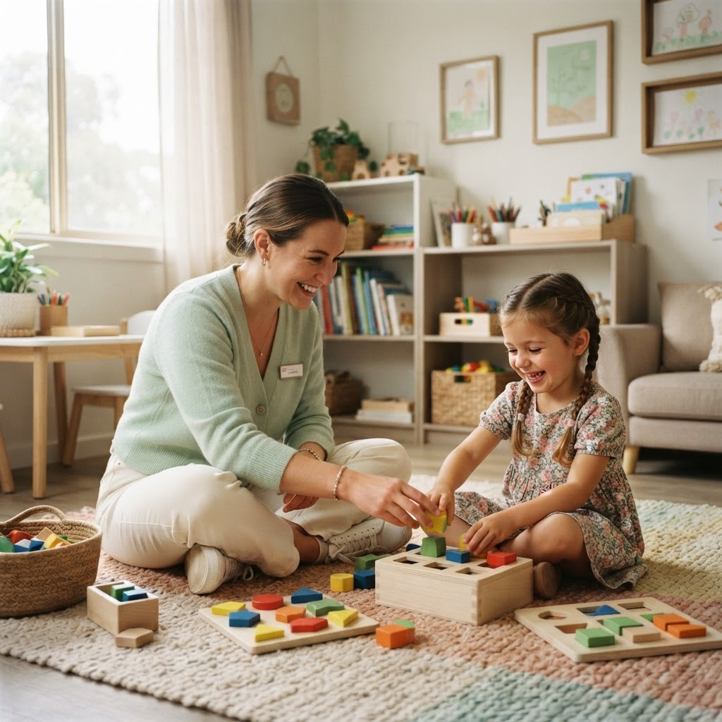 Psicóloga interagindo com uma criança durante uma sessão de intervenção baseada em ABA no TatuTEA